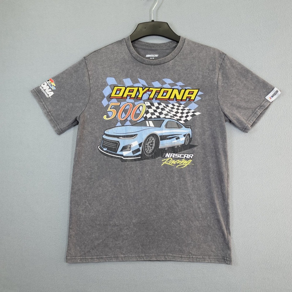 NASCAR Shirt Mens M Grey Daytona 500 Racing Graphic Acid Wash Short Sleeve Tee